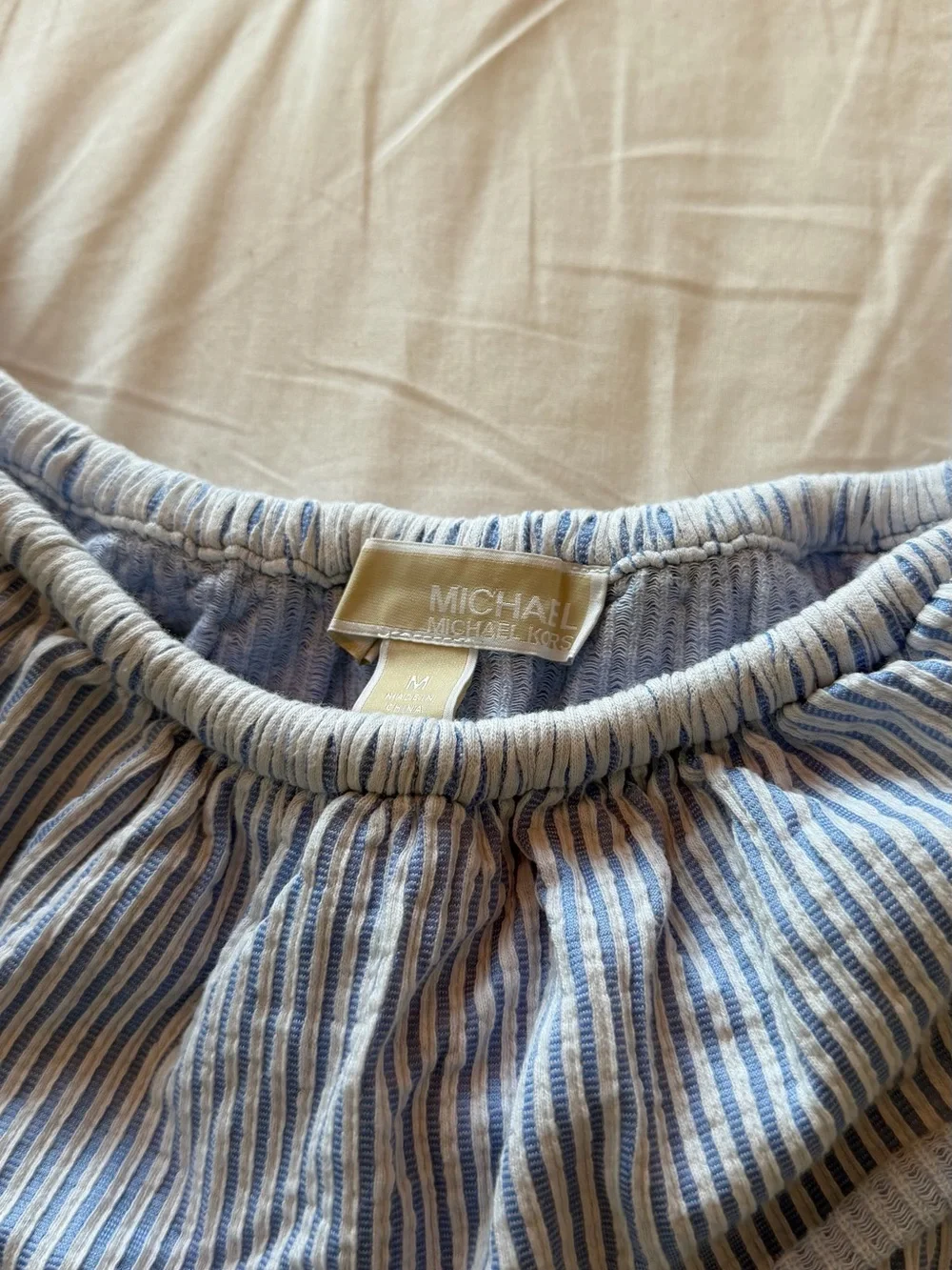 Michael Kors Blue Stripe Off-Shoulder Dress with Belt
